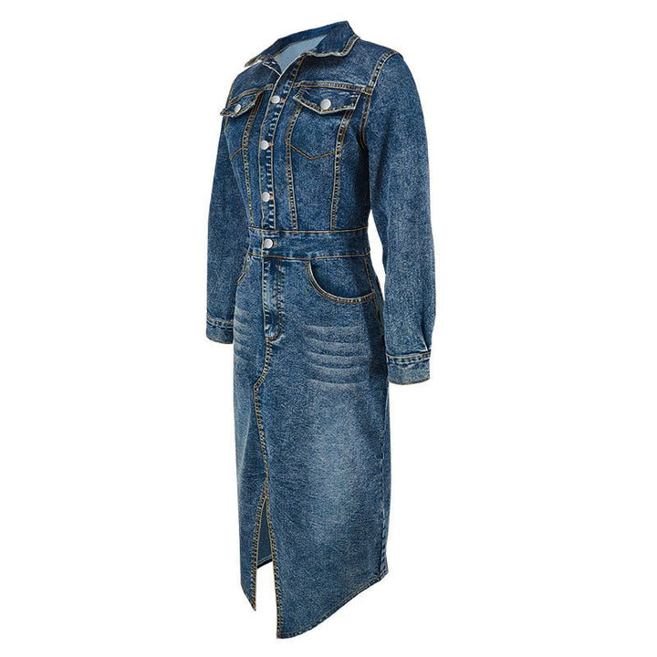 Long Sleeve Button-Up Denim Midi Dress