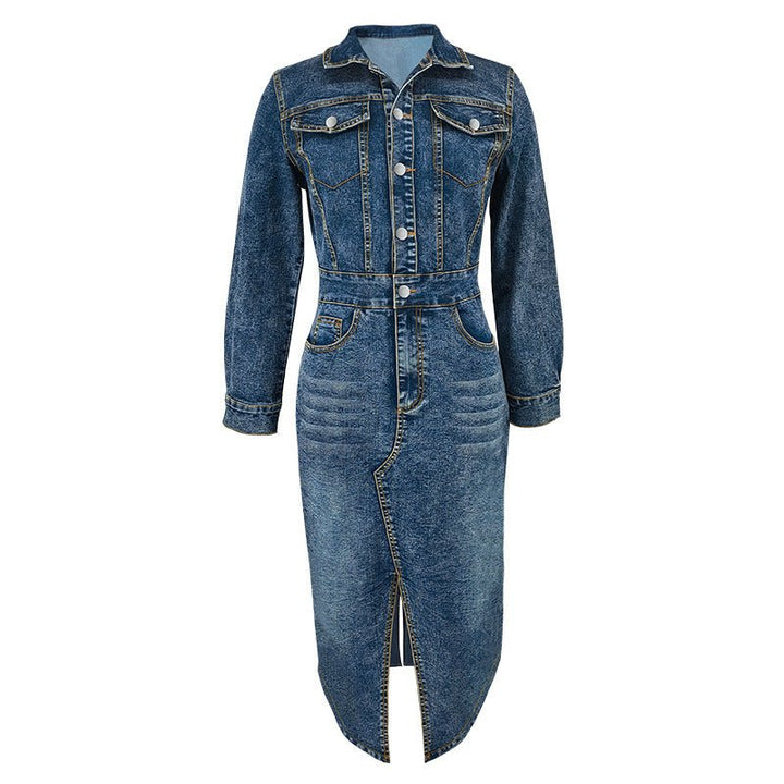 Long Sleeve Button-Up Denim Midi Dress