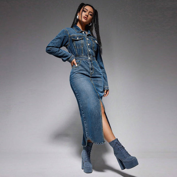 Long Sleeve Button-Up Denim Midi Dress