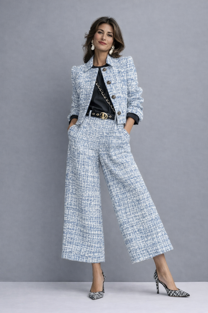 Tweed Cropped Jacket & Wide-Leg Pants Set