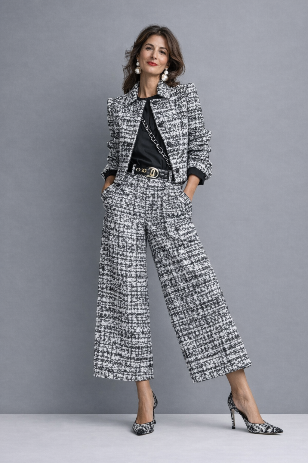 Tweed Cropped Jacket & Wide-Leg Pants Set