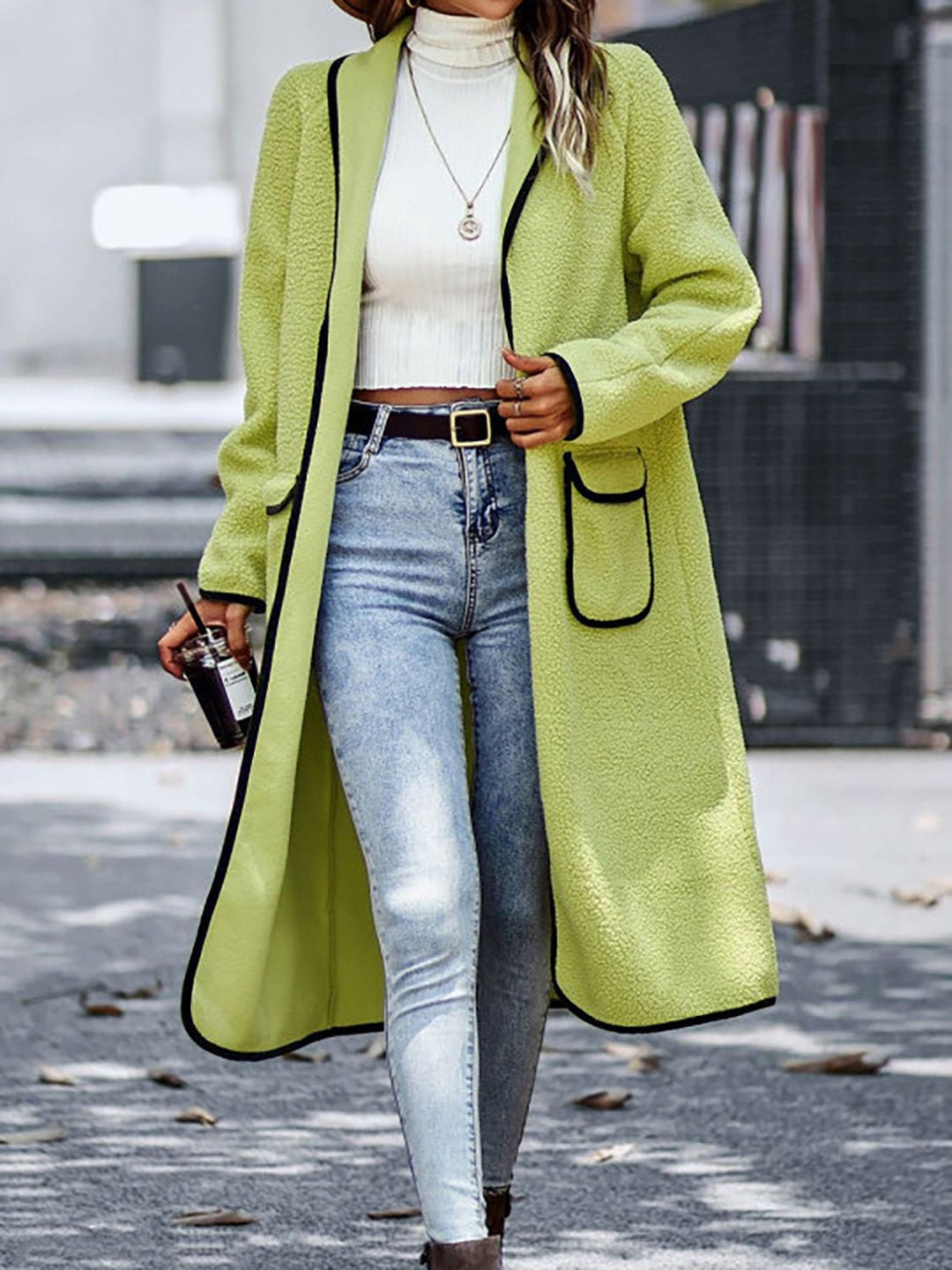 Contrast Trim Long Sleeve Coat with Pockets