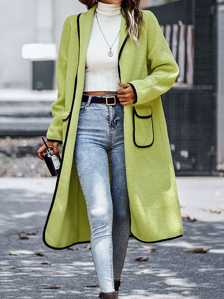 Contrast Trim Long Sleeve Coat with Pockets