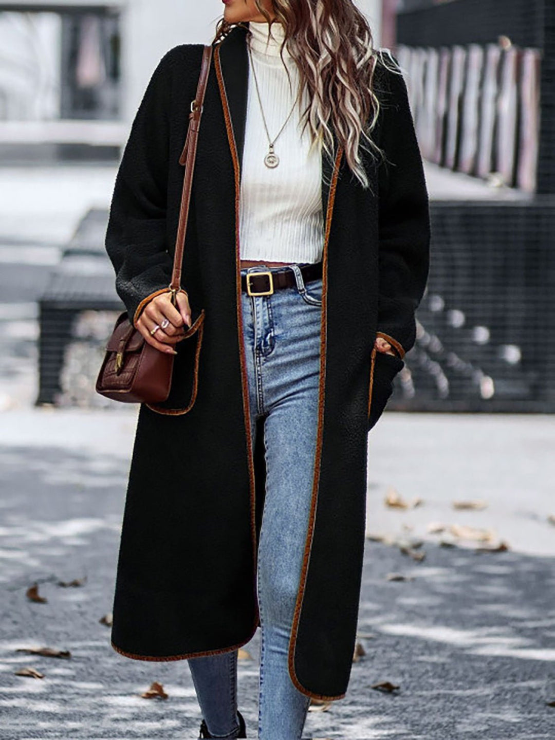 Contrast Trim Long Sleeve Coat with Pockets