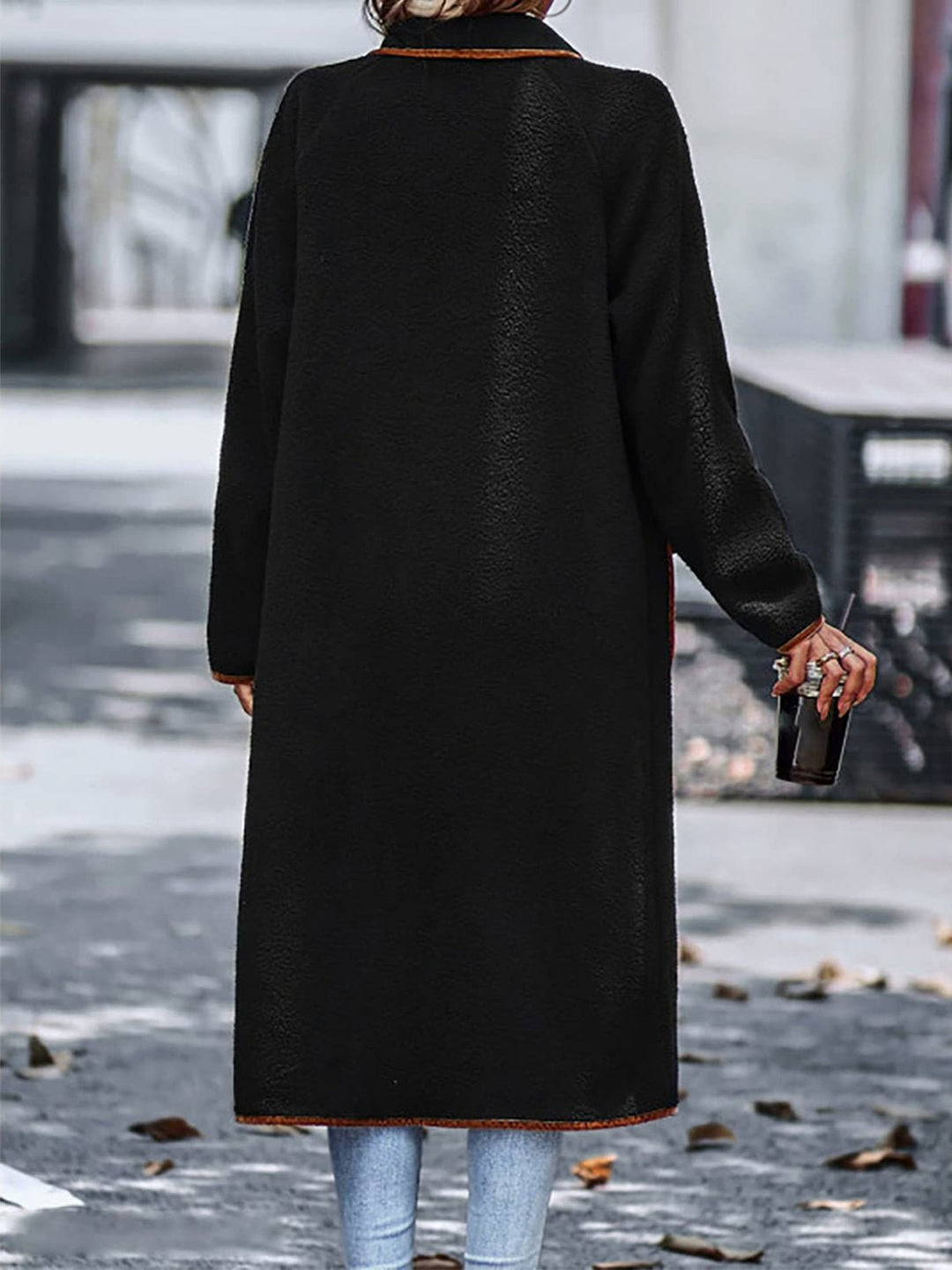 Contrast Trim Long Sleeve Coat with Pockets