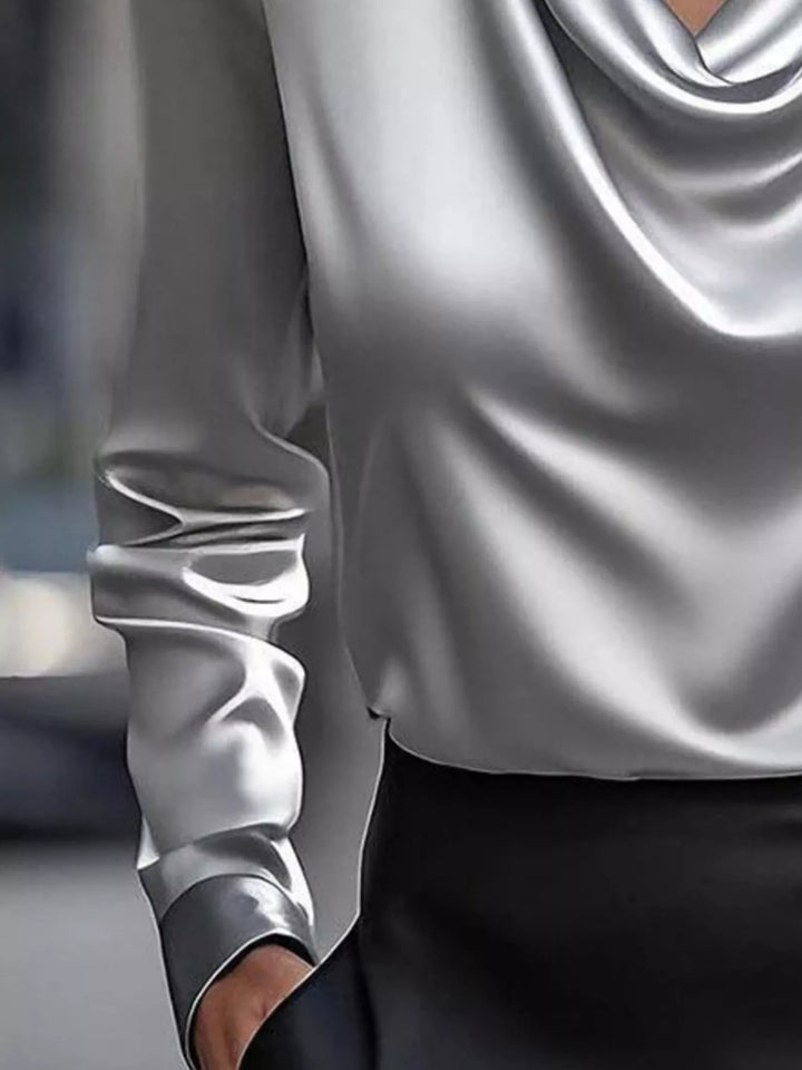 Satin Cowl Neck Long Sleeve Blouse