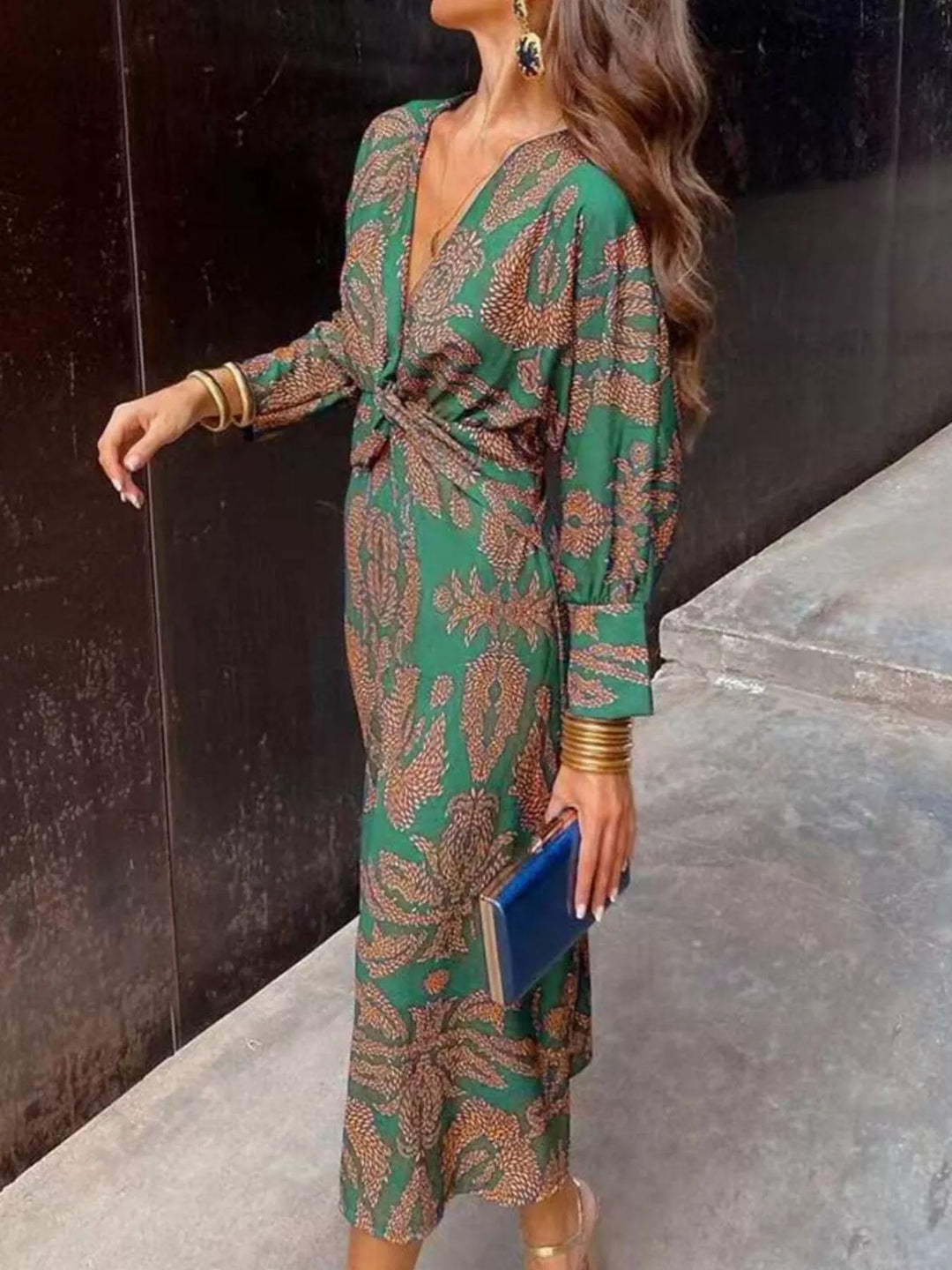 Printed V-Neck Long Sleeve Twisted Midi Dress