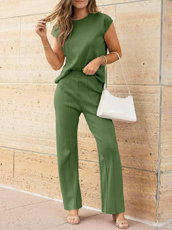 Cap Sleeve Top and Pants Knit Set