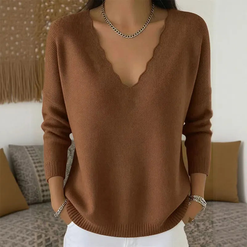Scalloped V-Neck Knit Sweater