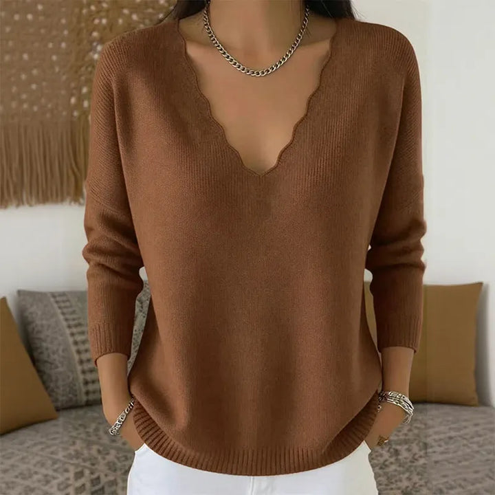 Scalloped V-Neck Knit Sweater
