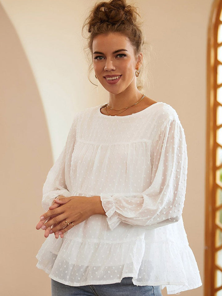 Swiss Dot Ruffled Round Neck Long Sleeve Blouse