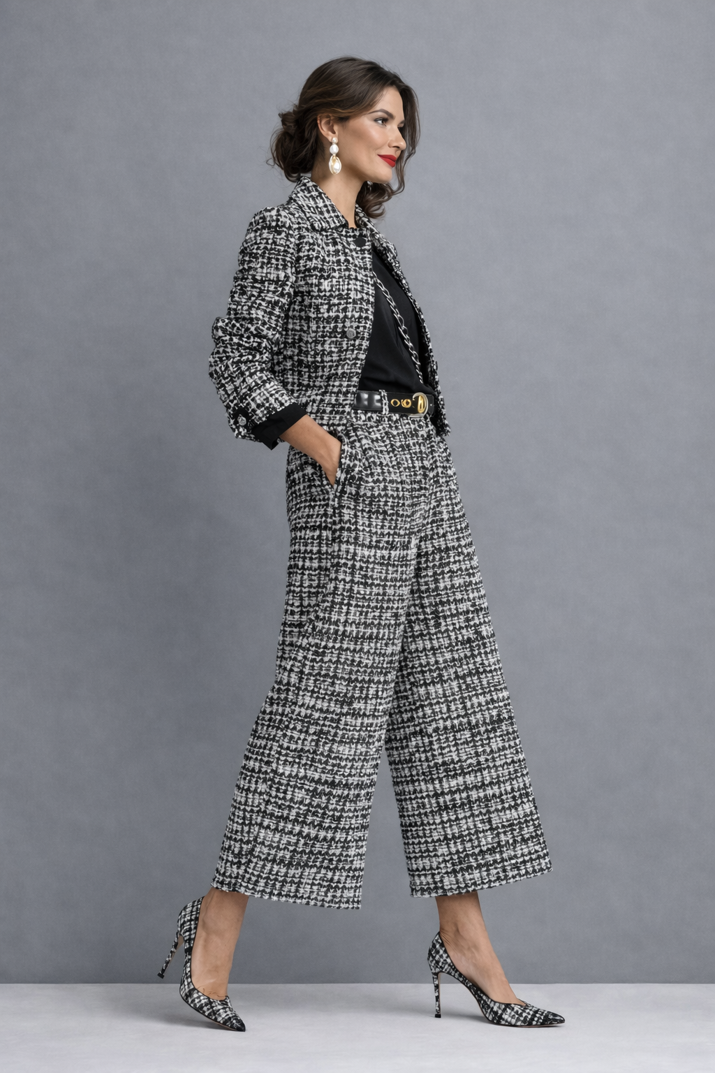 Tweed Cropped Jacket & Wide-Leg Pants Set
