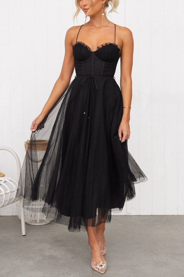 Summer Corset Midi Dress with Tulle Skirt & Spaghetti Straps