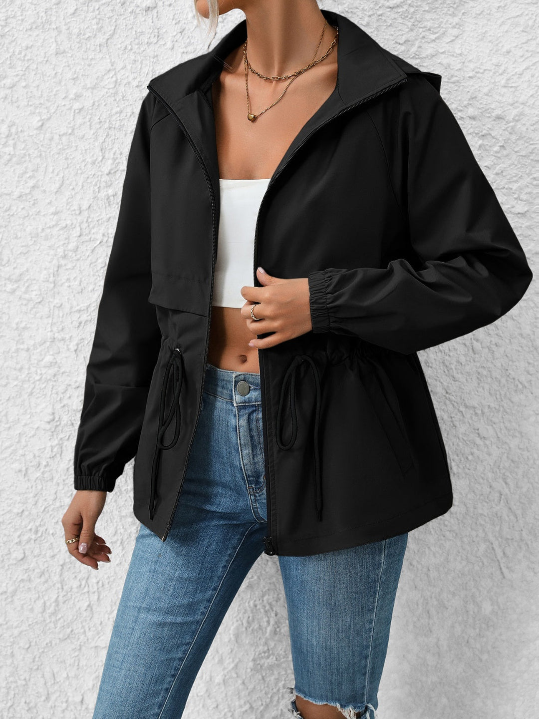 Drawstring Zip-Up Hooded Jacket
