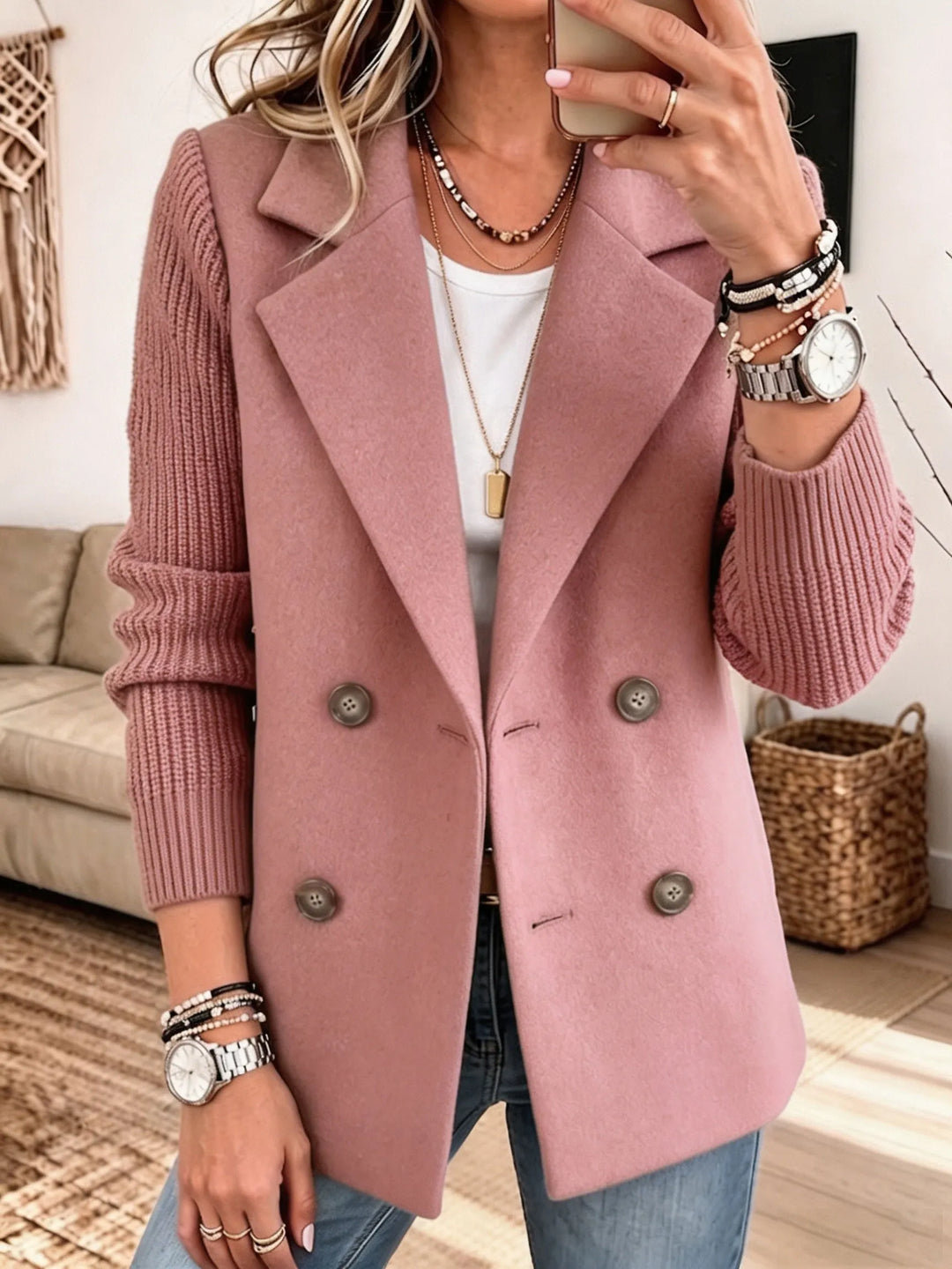 Double-Breasted Jacket with Ribbed Knit Sleeves