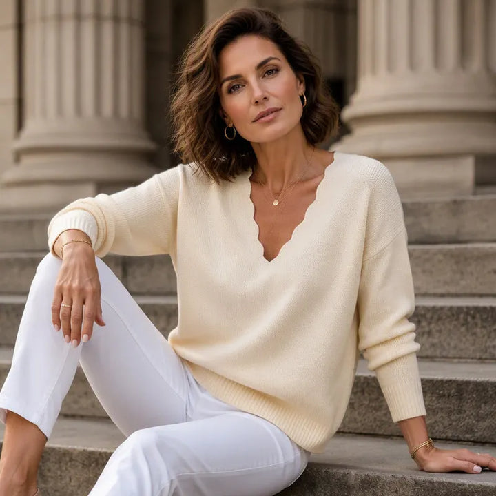 Scalloped V-Neck Knit Sweater