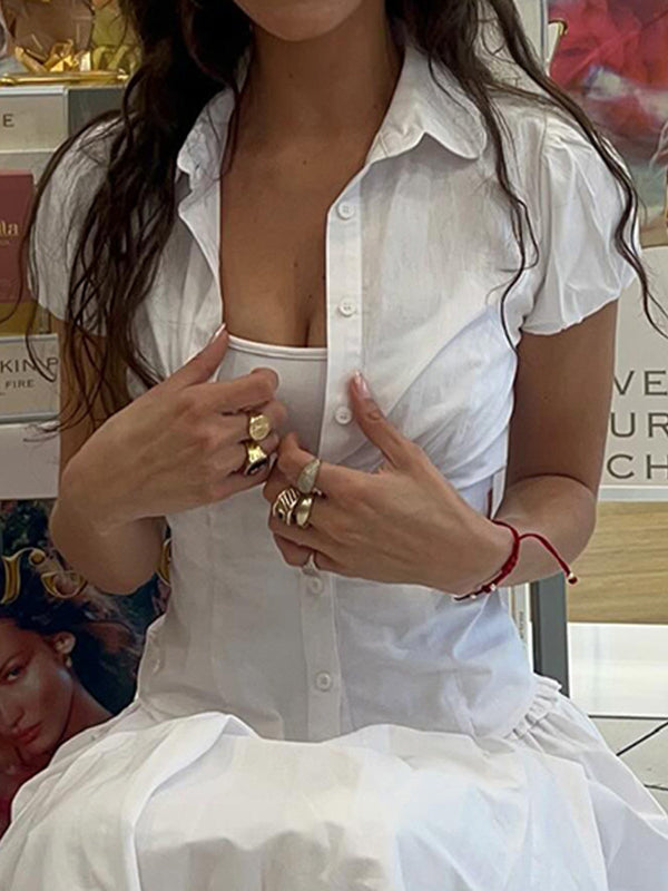 Vintage Slim Waist V-Neck Short Sleeve Shirt