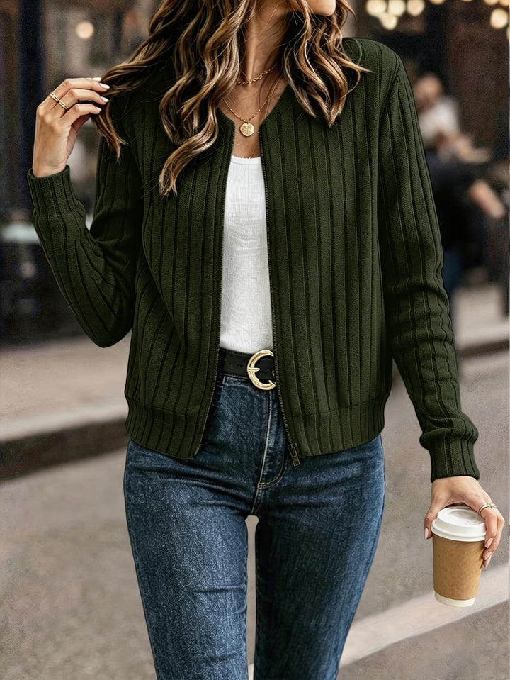 Ribbed Zip-Up Knit Cardigan