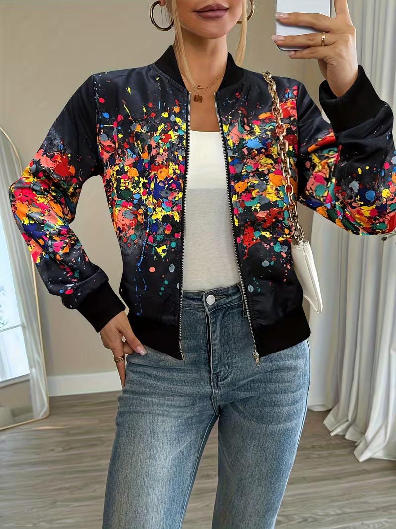 Abstract Print Zip-Up Bomber Jacket