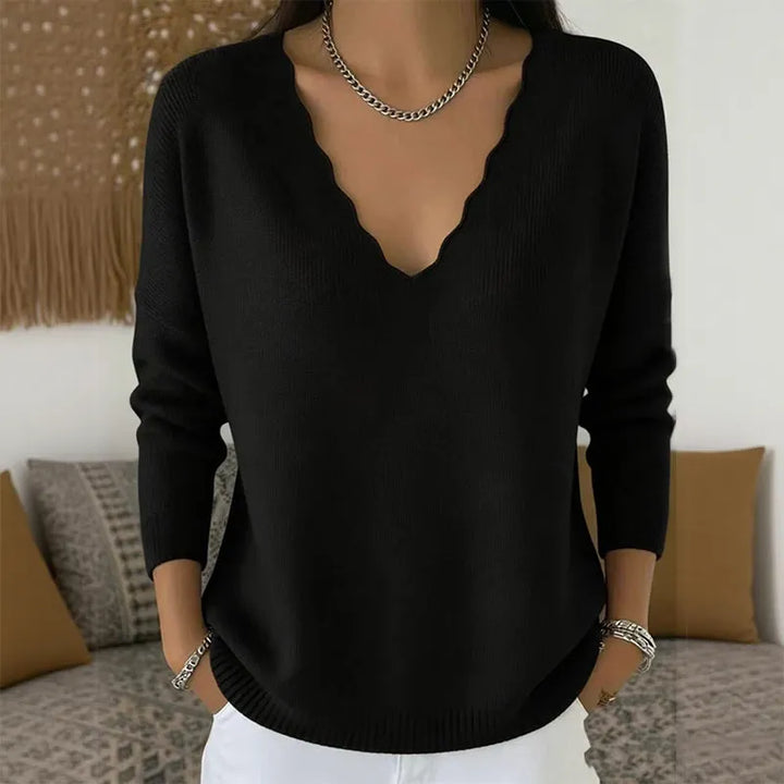 Scalloped V-Neck Knit Sweater