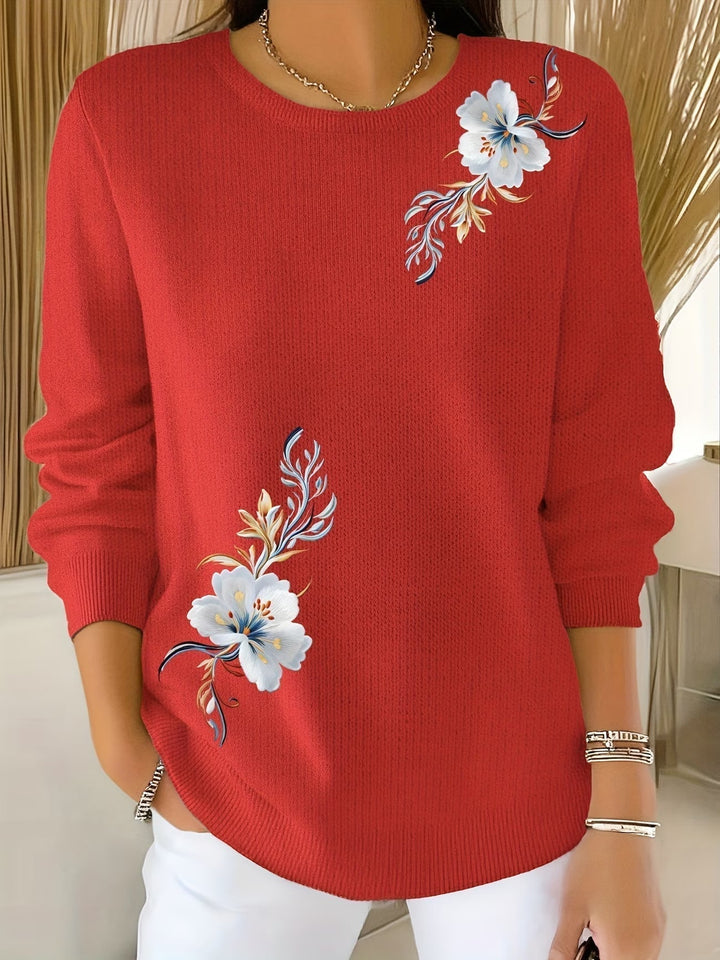 Floral Print Crew Neck Knit Sweater