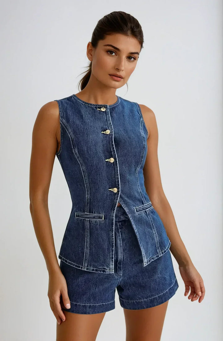 Relaxed Denim Gilet & Shorts Set