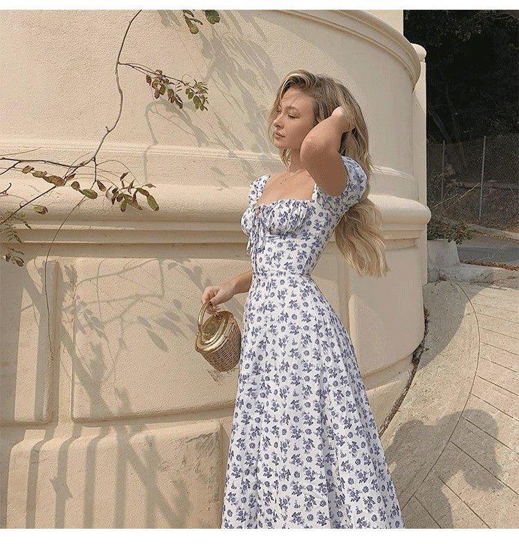 Floral Square Neck Midi Dress with Puff Sleeves
