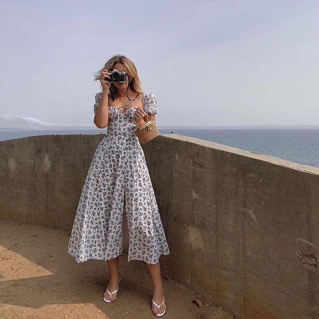 Floral Square Neck Midi Dress with Puff Sleeves