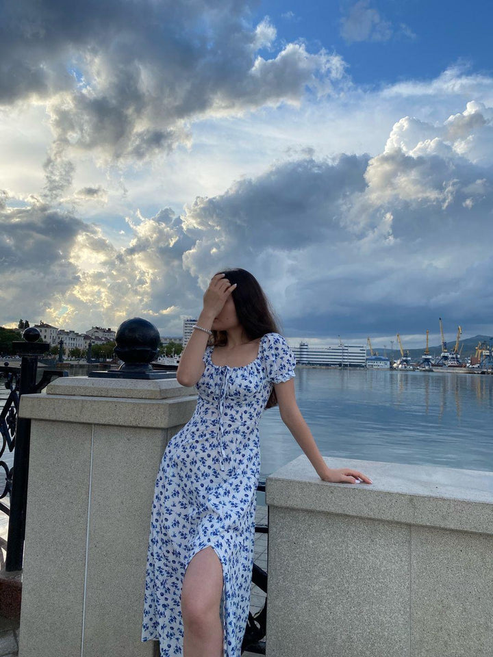 Floral Square Neck Midi Dress with Puff Sleeves