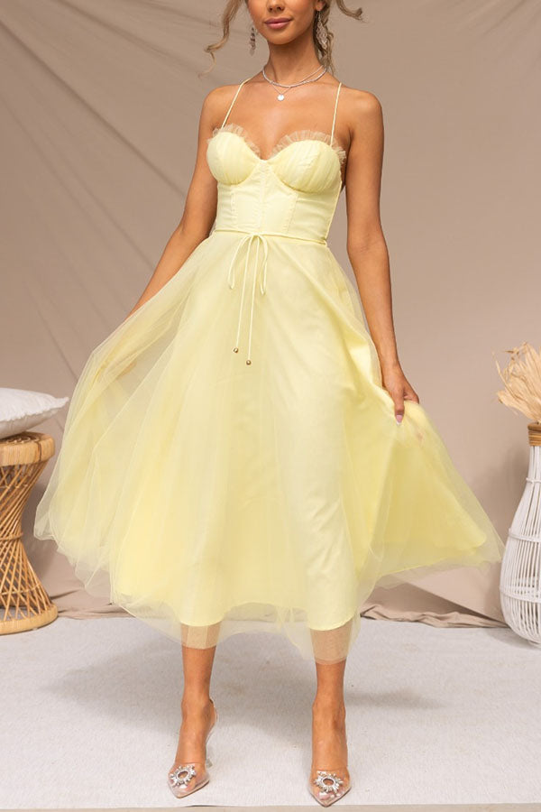 Summer Corset Midi Dress with Tulle Skirt & Spaghetti Straps