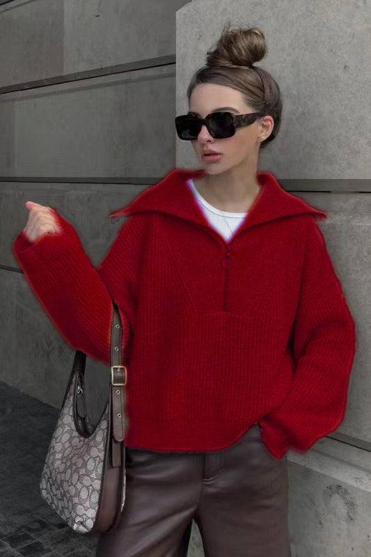 Vintage Notched V-Neck Knit Top for Women