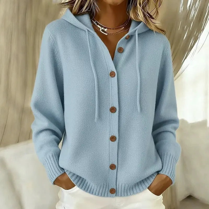Hooded Button-Up Soft Knit Cardigan