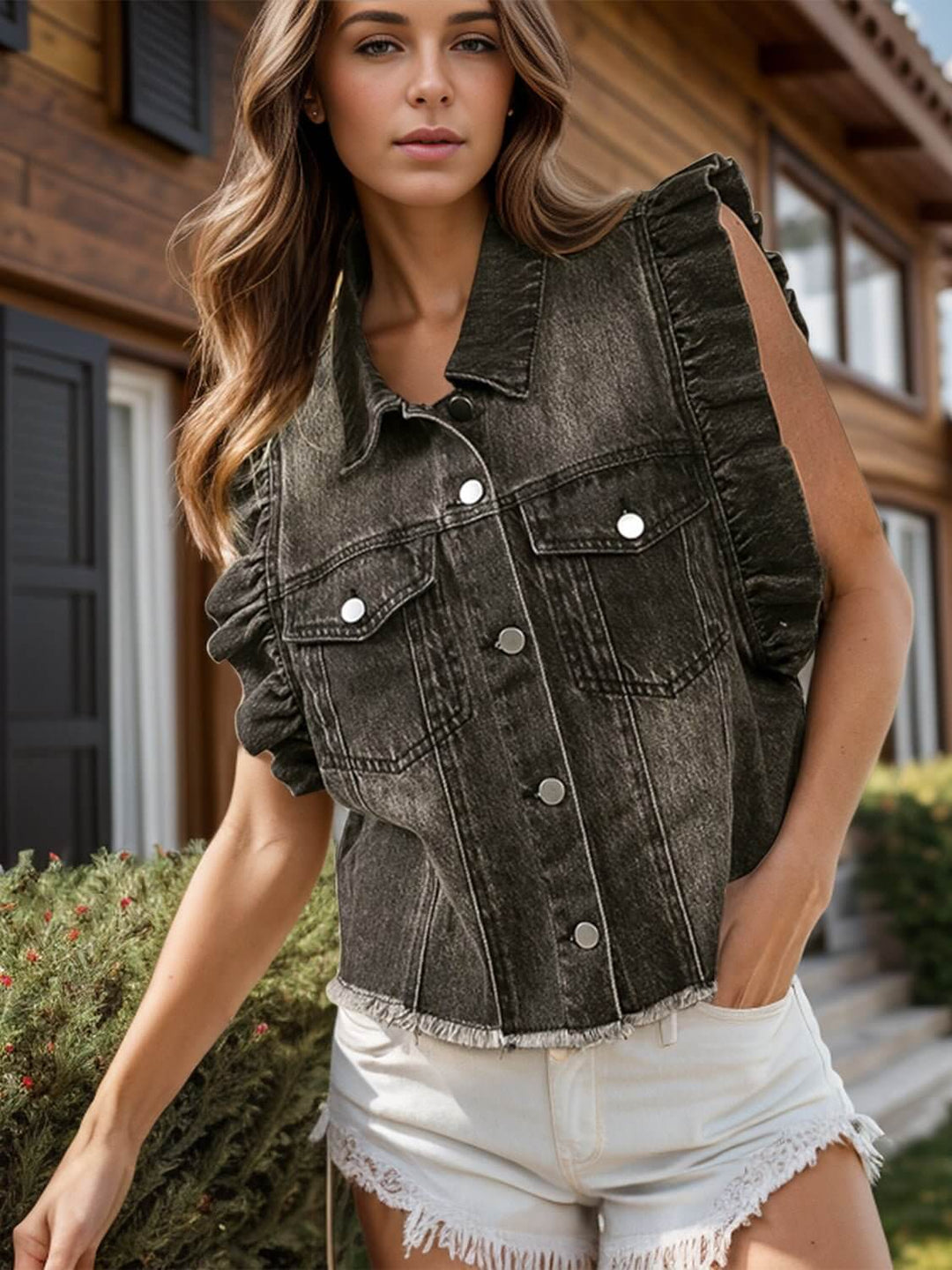 Raw Hem Ruffled Denim Jacket