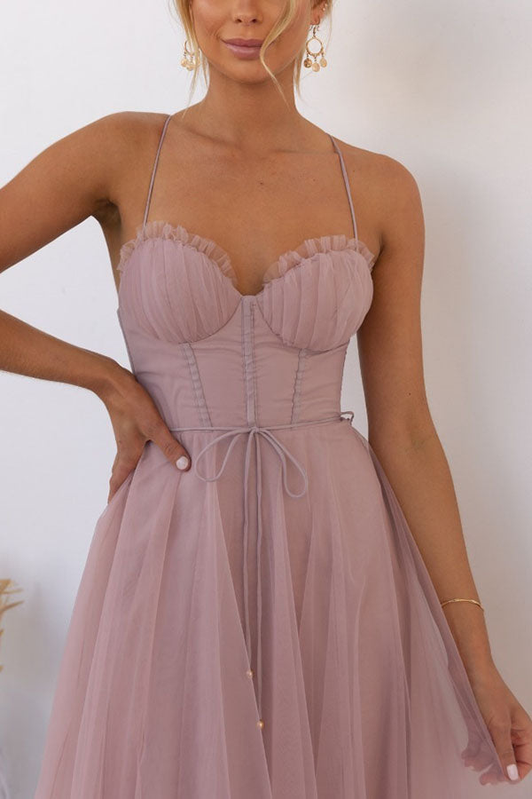 Summer Corset Midi Dress with Tulle Skirt & Spaghetti Straps