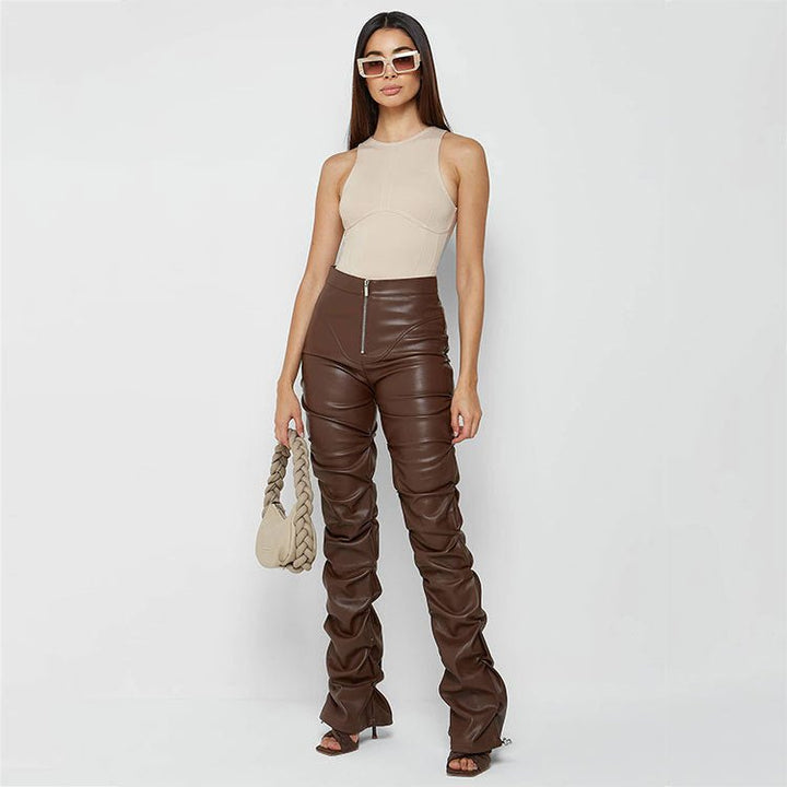 Faux Leather Ruched High-Rise Pants