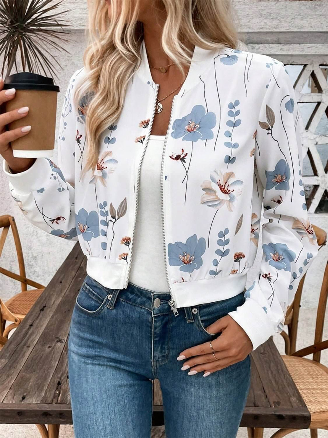 Floral Print Zip-Up Long Sleeve Jacket