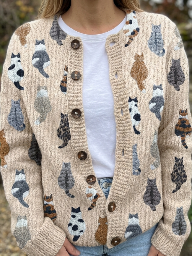 Cat Pattern Knit Button Cardigan