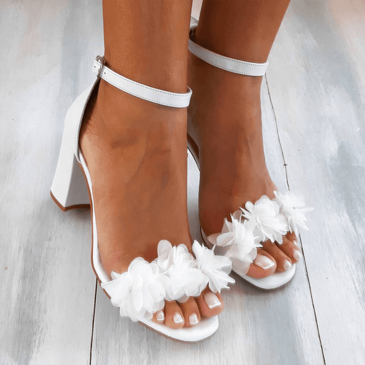 Women’s Block Heel Sandals with Floral Detail and Ankle Strap