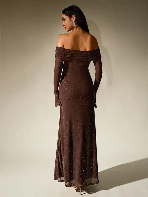 Off-Shoulder Evening Gown – Elegant Long Sleeve Maxi Dress