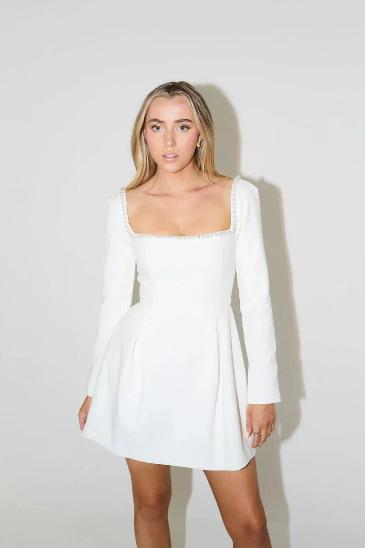 Mini Dress with Pearl Trim & Long Sleeves