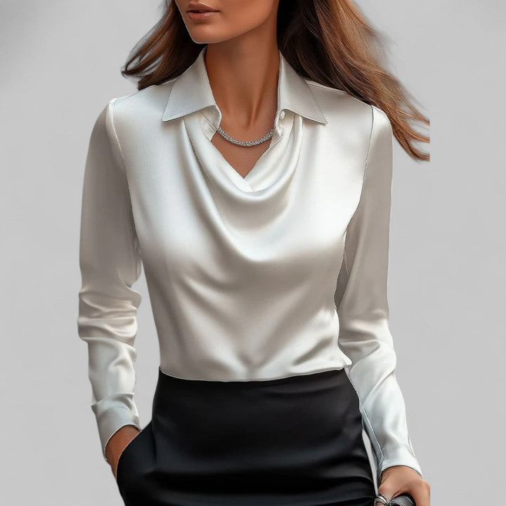 Draped Neck Long Sleeve Satin Blouse for Women
