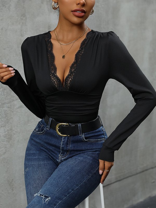 Lace Stitching Long Sleeve Bodysuit