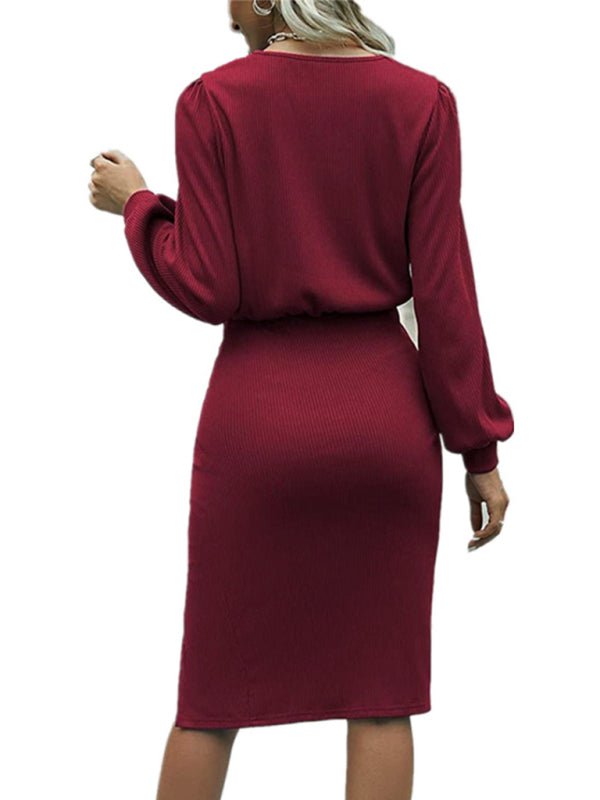 Lantern Long-Sleeve Knitted Split Dress