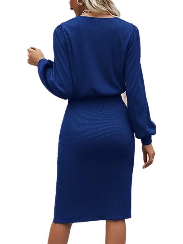 Lantern Long-Sleeve Knitted Split Dress
