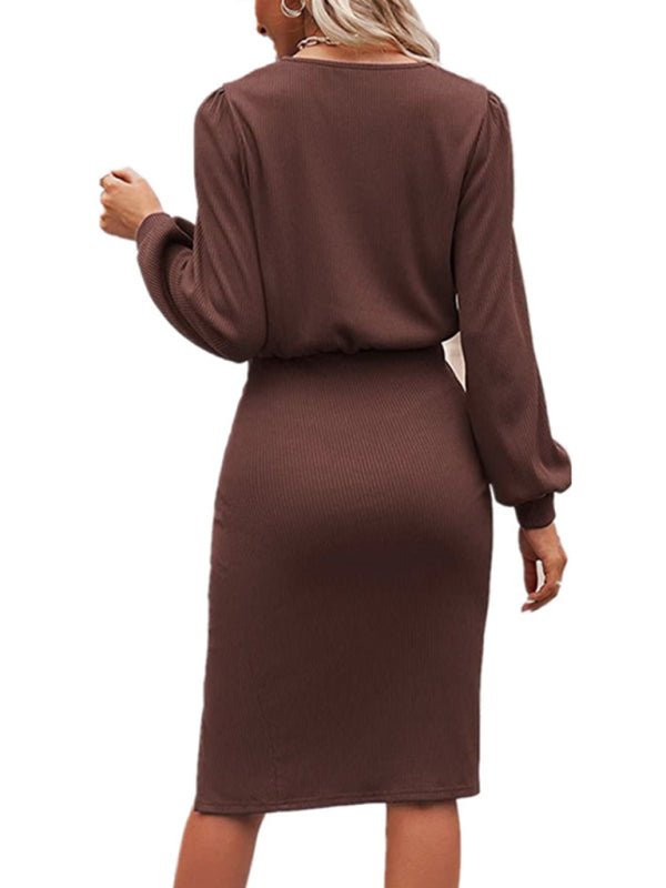 Lantern Long-Sleeve Knitted Split Dress