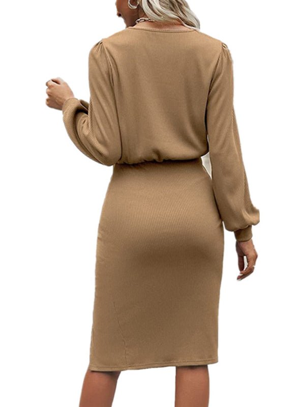 Lantern Long-Sleeve Knitted Split Dress