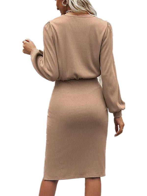 Lantern Long-Sleeve Knitted Split Dress