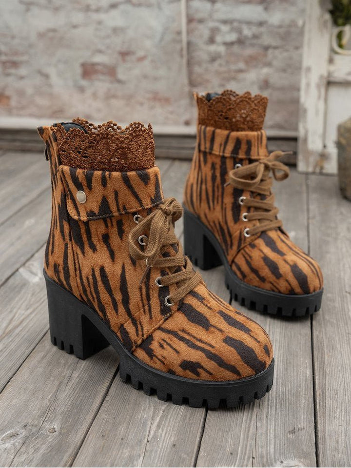 Leopard Lace-Trim Lace-Up Chunky Heel Boots