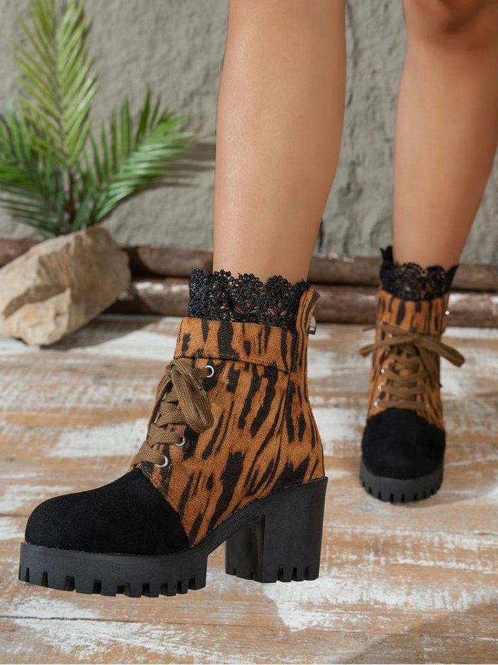 Leopard Lace-Trim Lace-Up Chunky Heel Boots