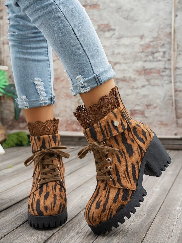 Leopard Lace-Trim Lace-Up Chunky Heel Boots
